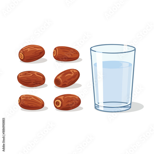 Ramadhan Islamic illustration of dates and a glass of water on a clean background, symbolizing traditional fasting practices