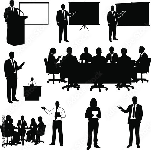 Business professionals presenting at a conference with various silhouettes of people in different settings