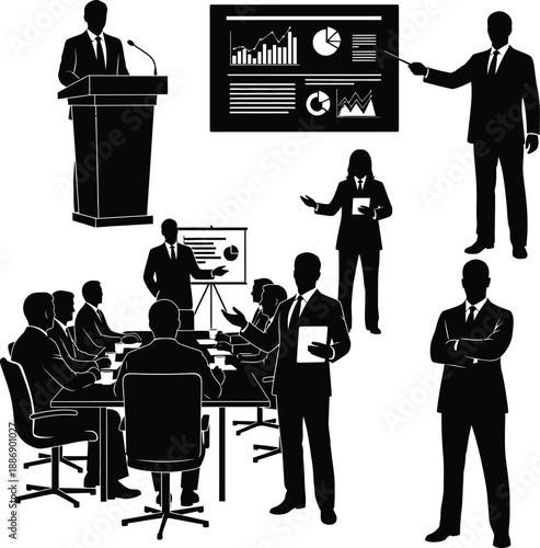 Business professionals engaged in a corporate meeting and presentation with visual aids