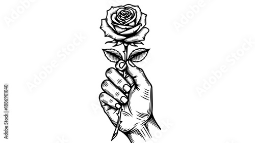 Close-up portrait of a hand delicately holding a rose in black and white