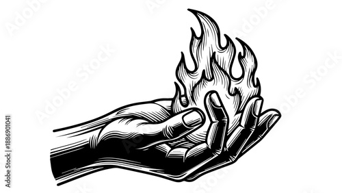 Black and white illustration of a male hand holding a dynamic wavy flame