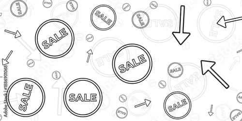 Round 'SALE' graphics with arrows pointing inwards and outwards on a light patterned background