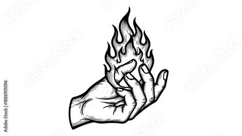 Black and white illustration of a clenched fist with flames rising from the fingers