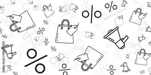 Shopping discounts and promotions graphic with percentage symbols and shopping bags