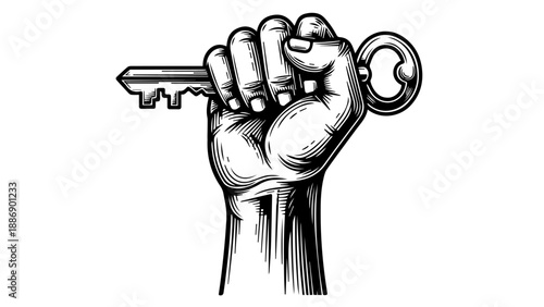 Clenched fist gripping an ornate key in a high-contrast black-and-white illustration
