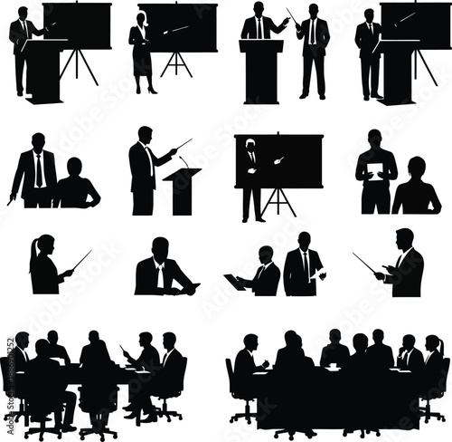 Business professionals presenting at a conference, interacting with audience, and engaging in discussions around a table in a corporate setting from various viewpoints.