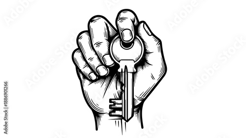 Hand holding a key in a high-contrast black-and-white illustration