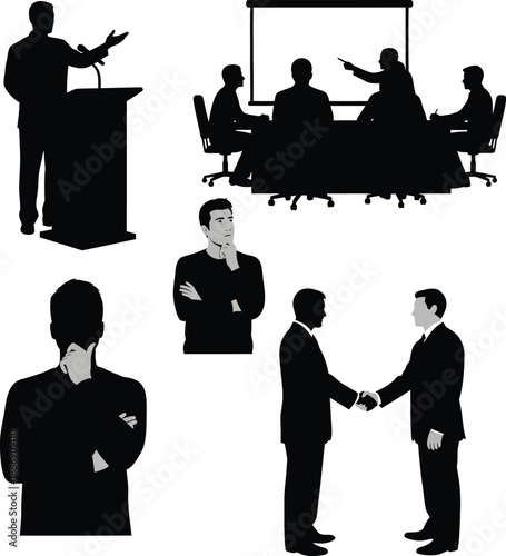 Business professionals engaging in various interactions and presentations in a corporate setting