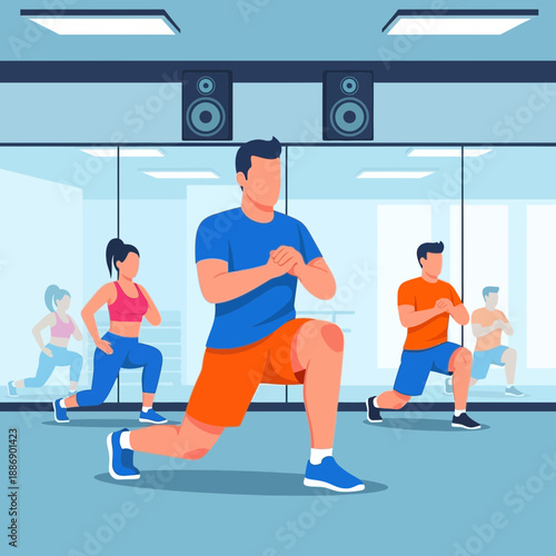 Group Fitness Class People Working Out Mirrors Speakers Fluorescent Lights Flat Design.png