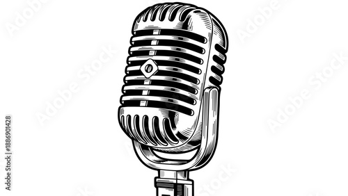 Vintage microphone line art illustration with black and white palette