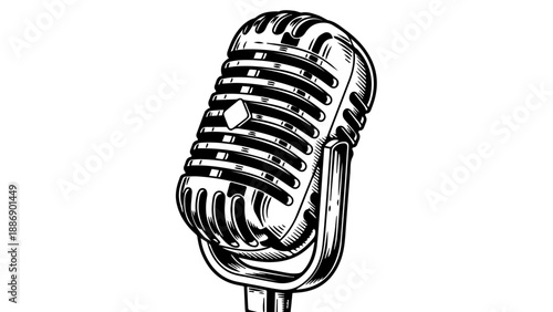Vintage microphone illustration with concentric rings and intricate grooves on a minimalist stand