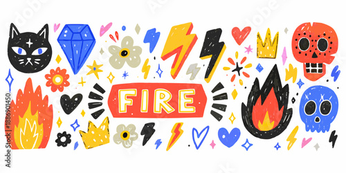 Colorful whimsical illustration featuring skulls hearts fire diamonds and playful designs