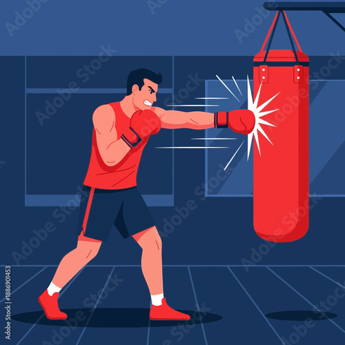 Man Boxing Training With Punching Bag Fitness Exercise Sport Vector Illustration.png
