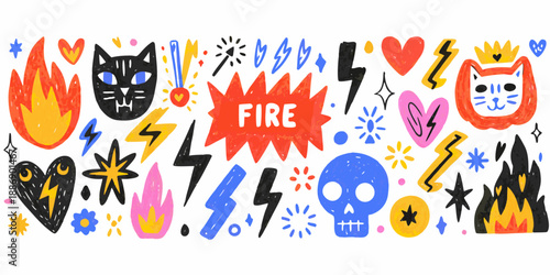 Playful doodle illustration featuring cats hearts skulls and electric bolts