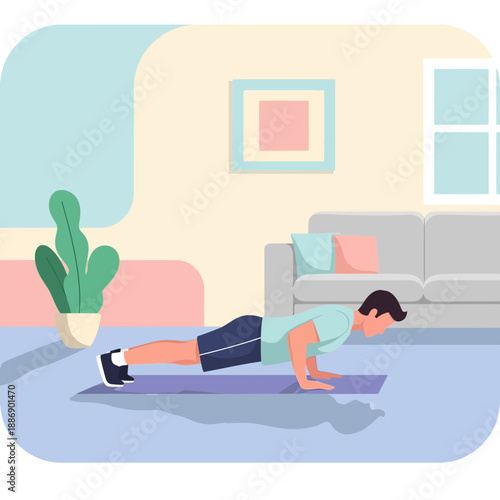 Man Doing Plank Exercise at Home in Modern Living Room Vector Illustration.png