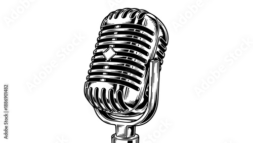 Vintage black and white microphone illustration with concentric rings