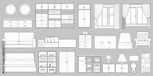 Detailed furniture layout plan including sofas beds cabinets and decorative items