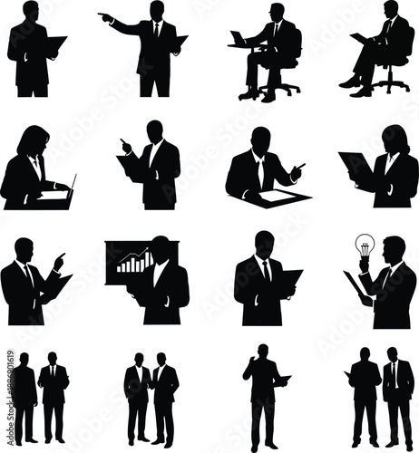 Silhouetted business professionals engaging in various office activities and discussions around the workplace from a front viewpoint.