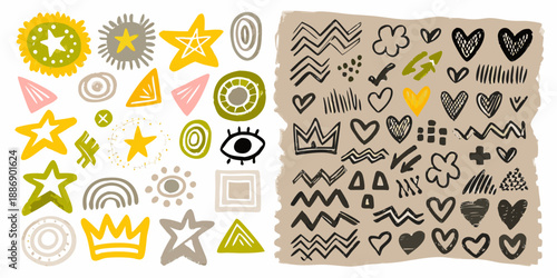 Colorful hand drawn doodle shapes and patterns including stars hearts and abstract forms