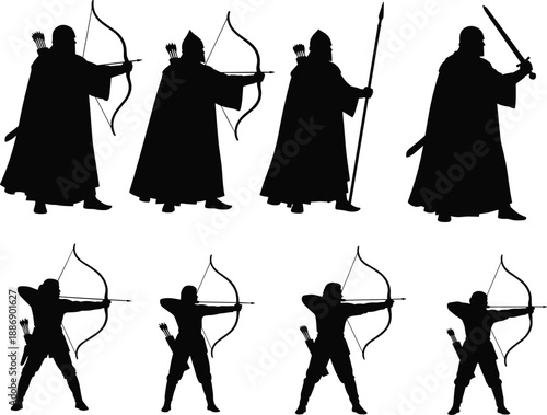 Medieval Warrior Silhouettes Set Featuring Archers with Bows Spearmen and Knights for Fantasy Roleplay Games CAD Drawing Flat Vector Illustration