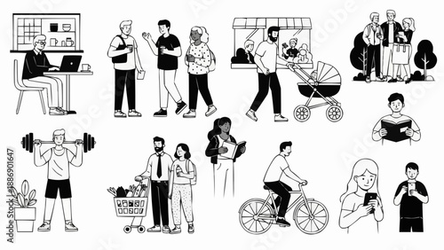 Diverse group of people engaged in various daily activities and hobbies.