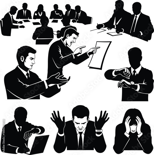 Business professionals in a meeting, discussing documents and presentations with varied reactions and interactions.