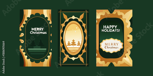 Festive christmas card designs with golden frames and holiday greetings
