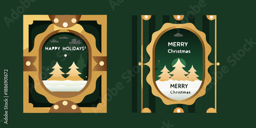 Festive holiday card designs with christmas trees and ornamental borders