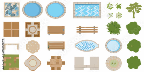 Top down view of swimming pools furniture and landscaping elements illustration