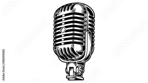 Vintage microphone illustration with horizontal ridges and curved stand