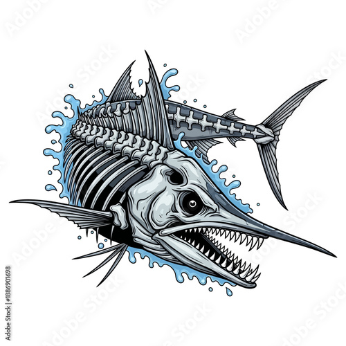 skeleton marlin fish mascot with sharp teeth and blue fins on white background