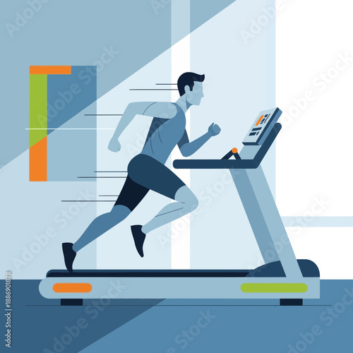 Runner on Treadmill Digital Art Minimalist Geometric Background Exercise Fitness Running Health Blue Green Orange White.png