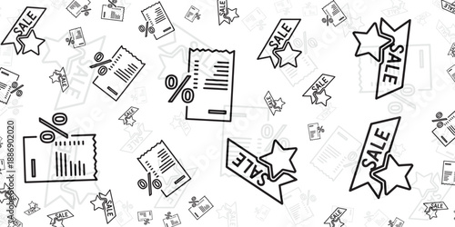 Set of Hand-Drawn Sale Tags and Receipts with Percentage Symbols on Textured Background