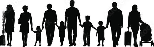 Family silhouettes showing parents and children holding hands walking together with travel elements isolated on white background illustration