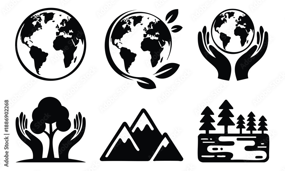 Obraz premium Set bundle Earth Day silhouette planet hands mountain tree landscape symbols