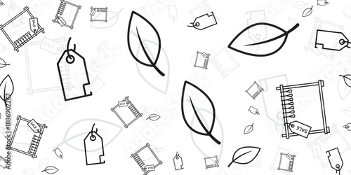 Cute and simple doodle illustration of price tags and leaves, abstract background