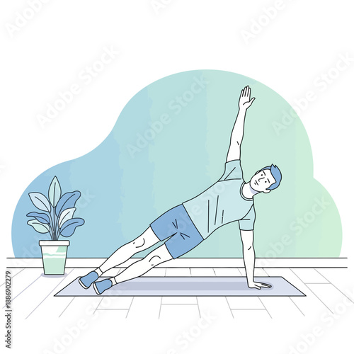 Side Plank Exercise Fitness Man Light Blue Gym Outfit Vector Illustration Green Background Adjustable Layers.png