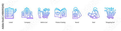 Product Listing and Branding web banner icon vector illustration featuring Listed, Company, Add to Cart, Product Catalog, Brand, Deal, and Shopping Cart.
