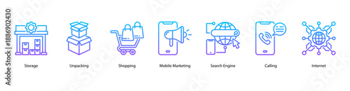 Digital Retail Engagement web banner icon vector illustration featuring Storage, Unpacking, Shopping, Mobile Marketing, Search Engine, Calling, and Internet.