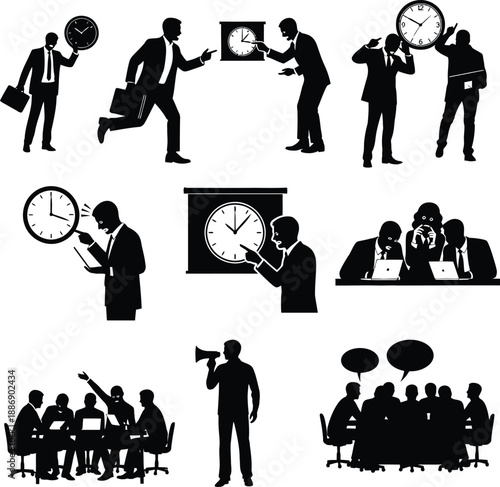 Business professionals managing time and communicating in a corporate environment from various viewpoints