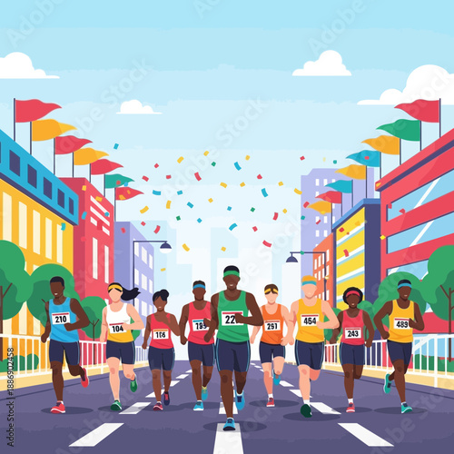 Urban Marathon City Runners Confetti Celebration Joyous Energy Spectacular Race Event Vibrant Athletes.png