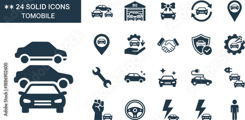 Automobile and car service solid icons set for vehicle maintenance and transportation vector