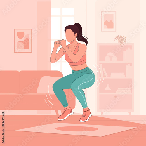 Woman Doing Squats in Modern Living Room Home Gym Fitness Workout Active Lifestyle Interior Scene.png