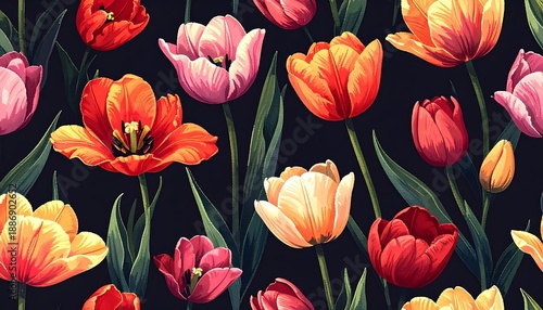 A vivid floral pattern featuring numerous tulips in shades of red, orange, and pink against a dark background