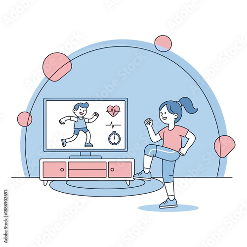 Woman Exercising at Home Following Fitness Instructor on Television Screen.png