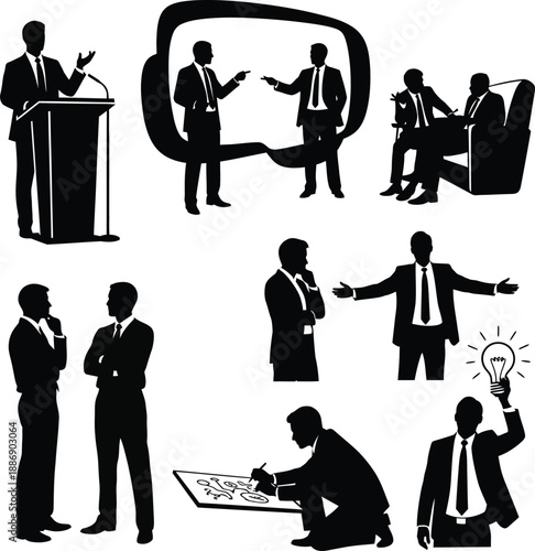 Business professionals engaging in various activities and presentations in a corporate environment from different viewpoints