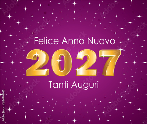 Felice anno nuovo. 2027 dorato in 3D su sfondo stellato viola. Illustrazione disegnata a mano. Biglietto d'auguri vettoriale. Lingua italiana.