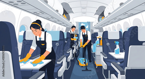 Airplane Cabin Cleaning Crew Deep Cleaning and Sanitizing Passenger Seats and Aisles for Health and Safety Protocols