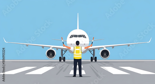 Professional airport ground crew member in a high-visibility vest directs a large passenger airplane on the tarmac, ensuring safe movement and efficient air travel operations