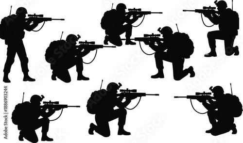 Set of military soldier silhouettes with sniper rifles in tactical gear kneeling and aiming for combat mission